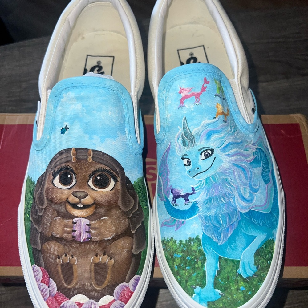 HAND PAINTED DISNEY SLIP ON VANS.  With Raya and the Last Dragon designs .